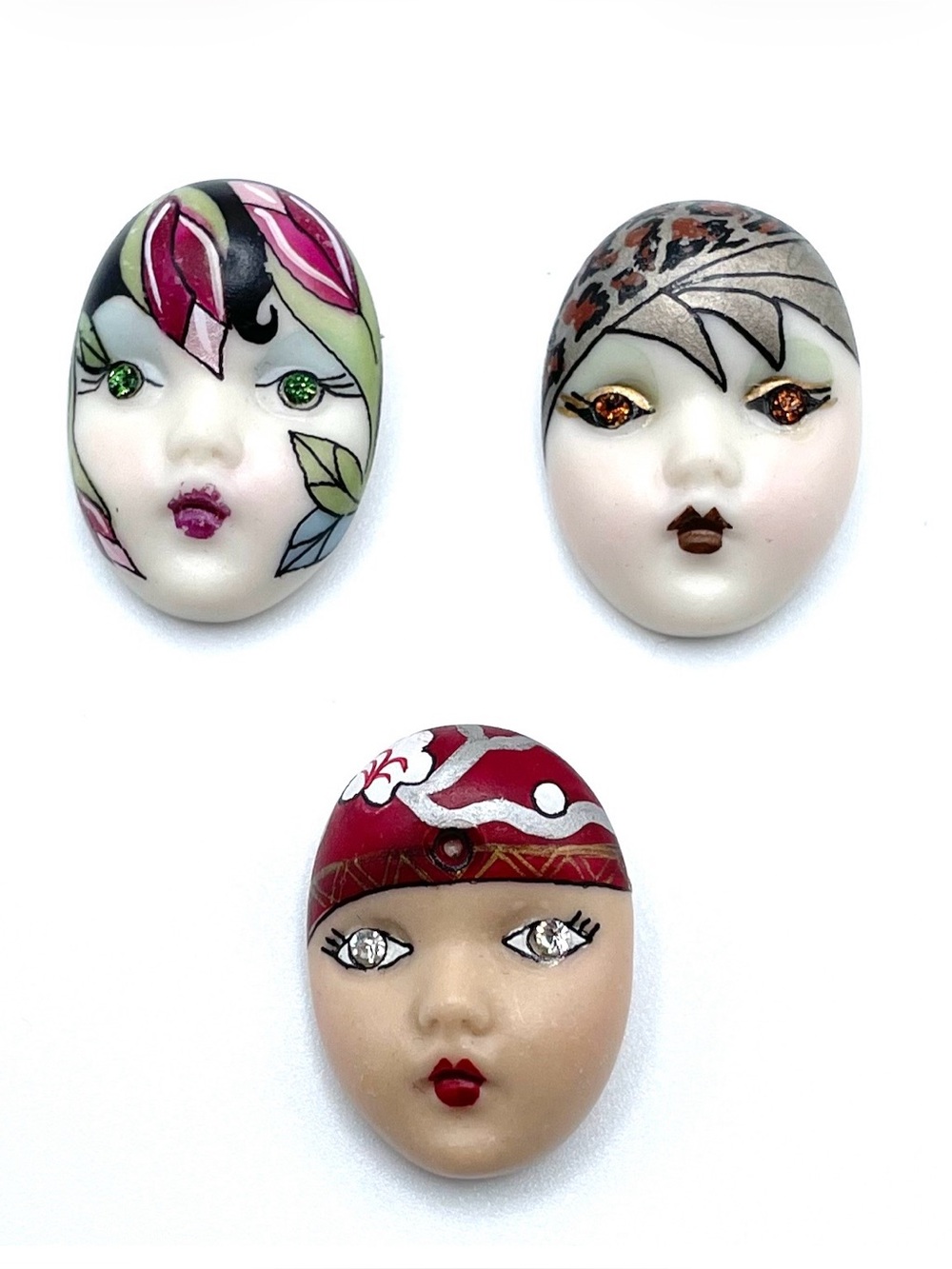 VTG Trio of Signed Adagio Ceramic Pins Cheetah Flapper Cherry Blossom Art Deco